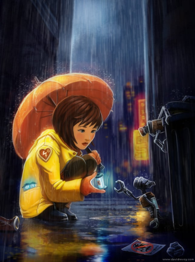 urban-fantasy-illustration-little-girl-robots-futuristic-art-painting-city-scene-643x862