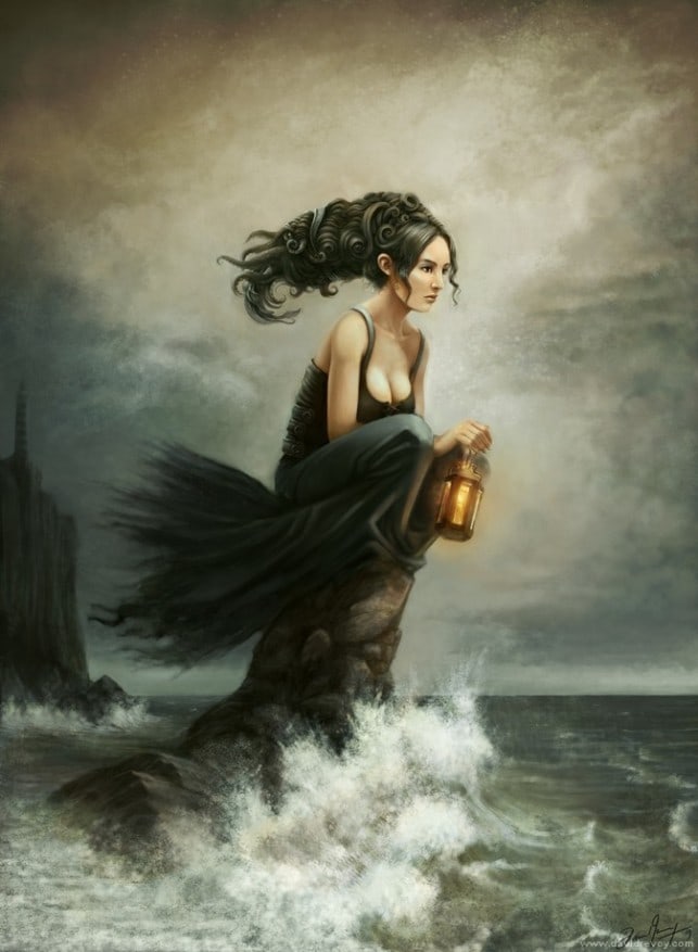 water-woman-sitting-on-rock-sea-shore-waves-lantern-lighthouse-fantasy-art-illustration-643x877