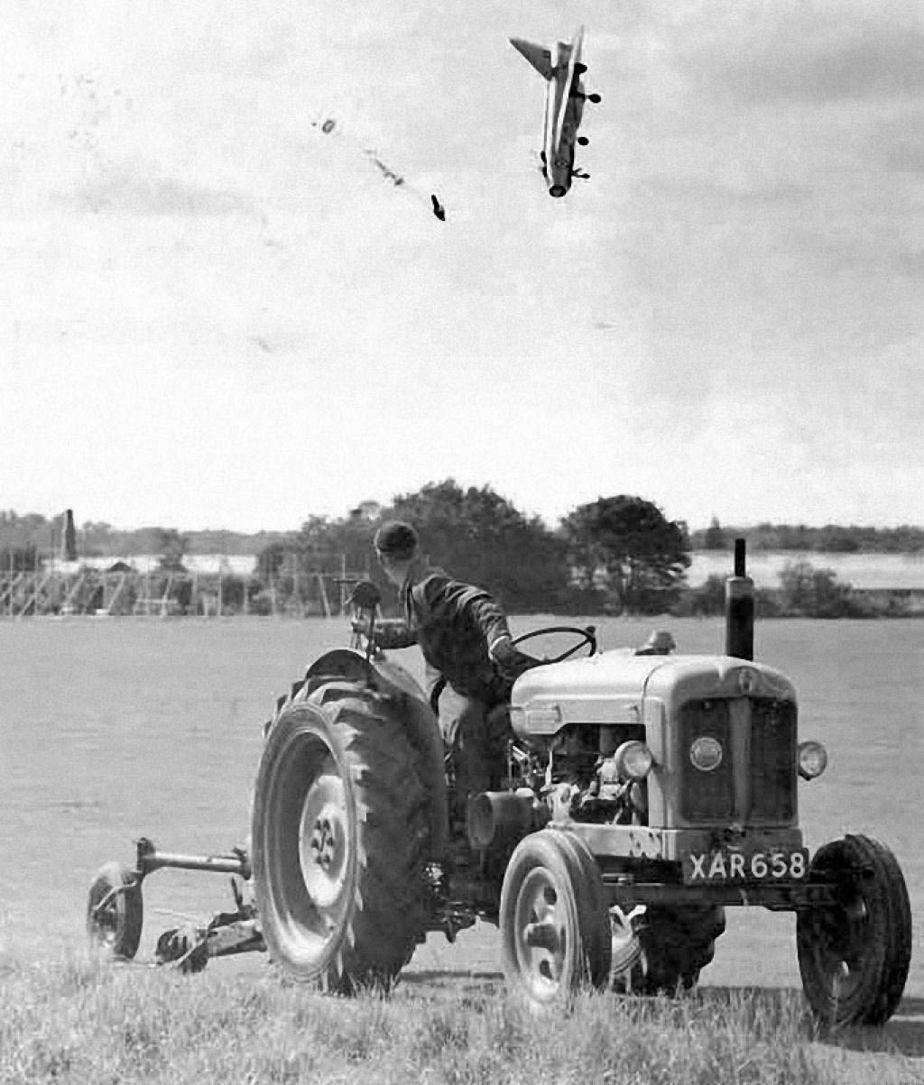 test pilot george aird narrowly escapes death by ejecting sideways from a prototype jet that nosedived (1962).