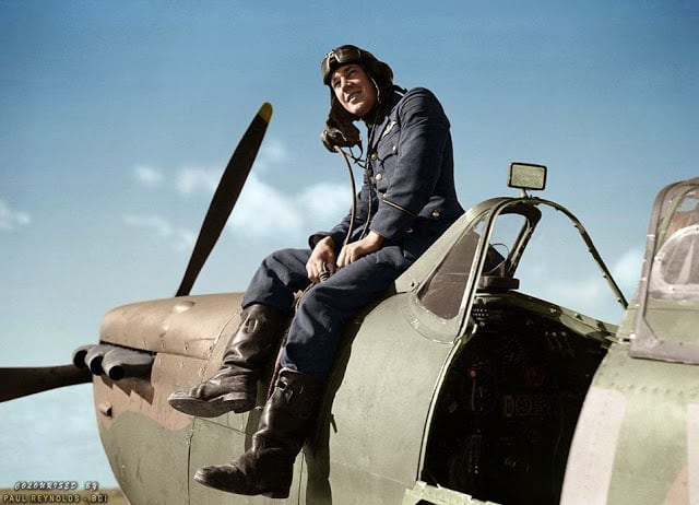 flying officer leonard haines of no. 19 squadron raf sits by the cockpit of his supermarine spitfire mk.ia (qv-?) at fowlmere, near duxford. september 1940. (photo source - © iwm ch 1373. colorized by paul reynolds. historic military photo colourisations)