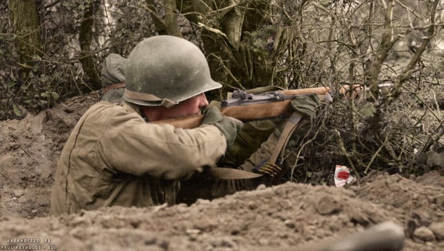 "lucky strike" c. 1944. the united states was the only country to equip its troops with an auto-loading rifle as the standard infantry weapon of wwii. it gave their troops a tremendous advantage in firepower, and led general george patton to call the m1 garand, “the greatest battle implement ever devised.” (colorized by paul reynolds. historic military photo colourisations)