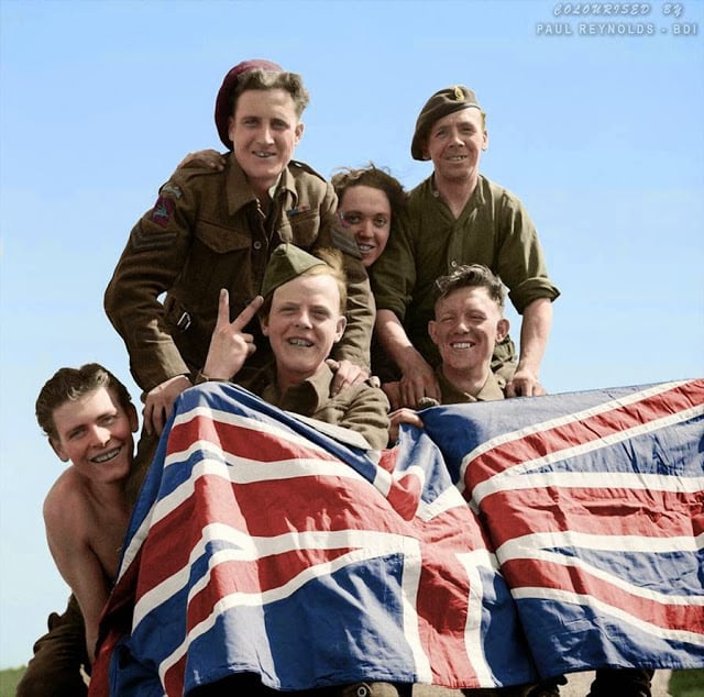 british prisoners of war celebrate their liberation from stalag x1b, 16th april 1945. (colorized by paul reynolds. historic military photo colourisations)