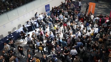 crowd of people in building lobby