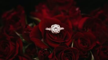 silver-colored ring on top of red roses