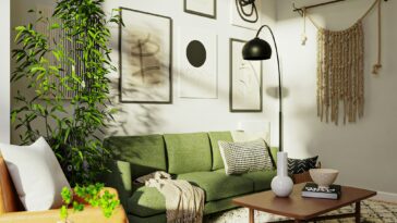 a living room with a green couch and a coffee table