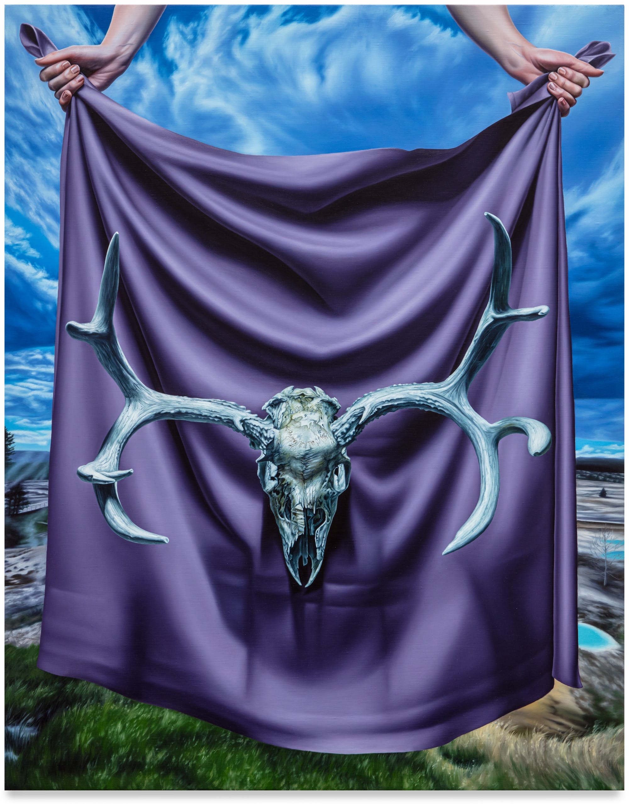 Still Lifes and Dead Legends: Chloe West’s Haunted West an oil painting still life of an antlered animal skull suspended on a purple cloth, draped in front of a western landscape
“st. veronica at the geyser basin” (2024-25, oil on linen, 48 x 38 inches