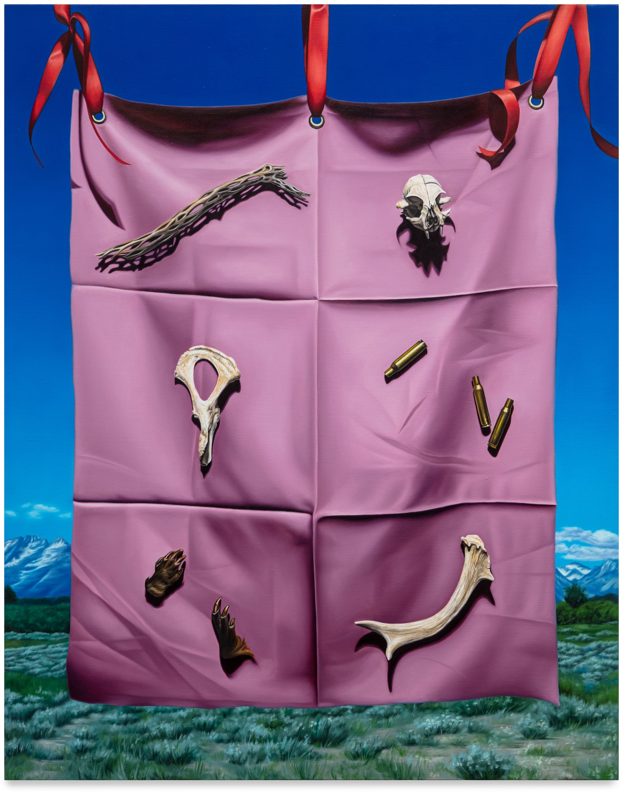 Still Lifes and Dead Legends: Chloe West’s Haunted West a still life oil painting of a group of animal bones suspended on a pink cloth with dark shadows, draped in front of a western landscape
“trapper’s still life” (2024-5), oil on linen, 48 x 38 inches