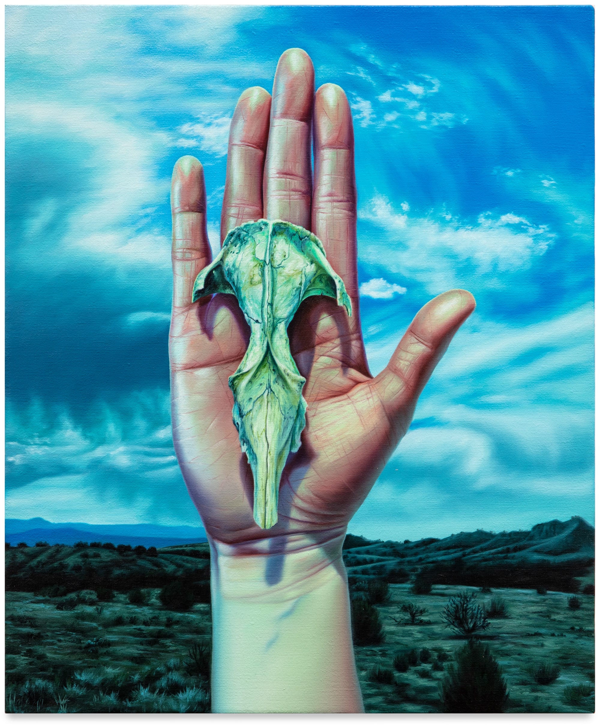 Still Lifes and Dead Legends: Chloe West’s Haunted West “hand with opossum skull” (2024-25), oil on linen, 24 x 20 inches