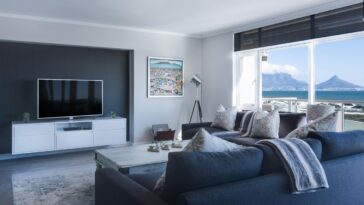 a living room with a large window overlooking the ocean description automatically generated