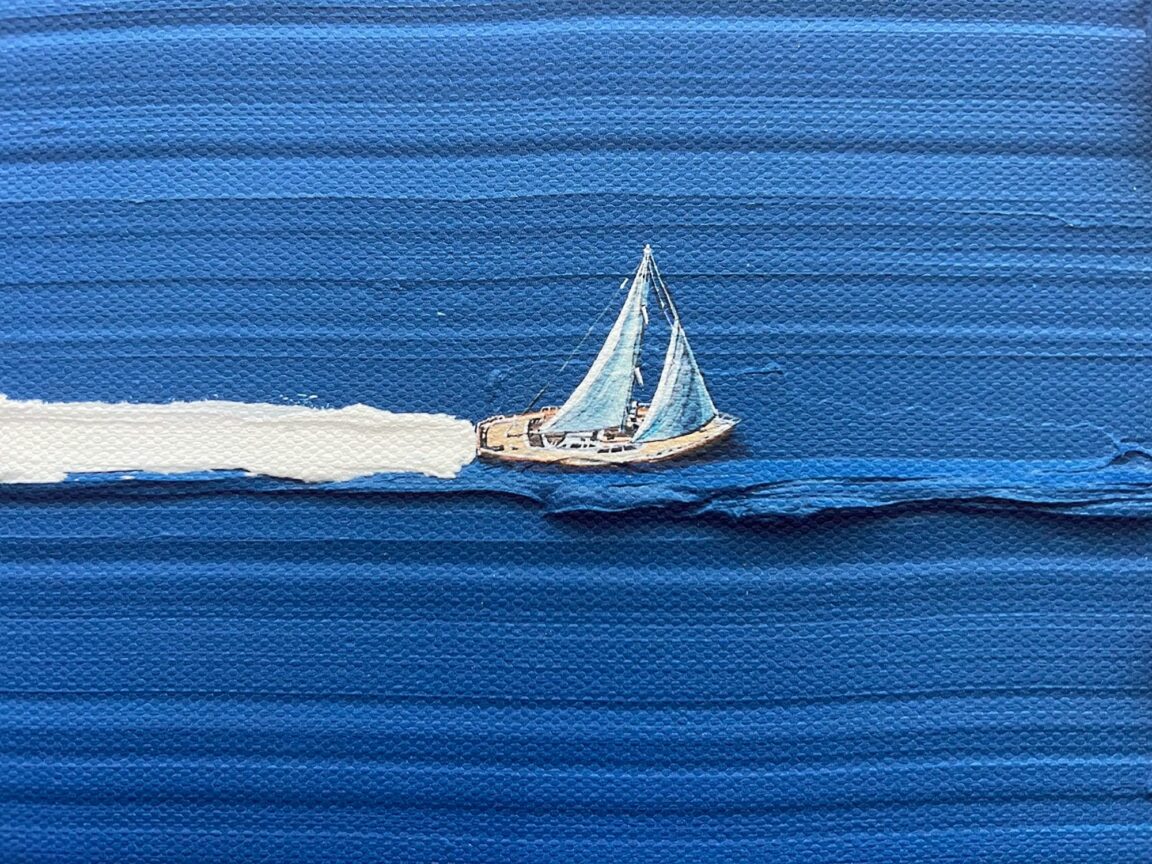 detail of “sail away” (2025), archival pigment print on heavyweight 395 gsm canvas, hand-stretched over fsc-certified, finger-jointed new zealand pine, and float framed in fsc-certified meranti with a painted white finish, 33 × 43 centimeters framed, edition of 69
