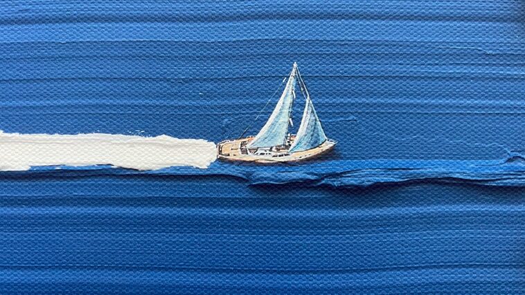 detail of “sail away” (2025), archival pigment print on heavyweight 395 gsm canvas, hand-stretched over fsc-certified, finger-jointed new zealand pine, and float framed in fsc-certified meranti with a painted white finish, 33 × 43 centimeters framed, edition of 69