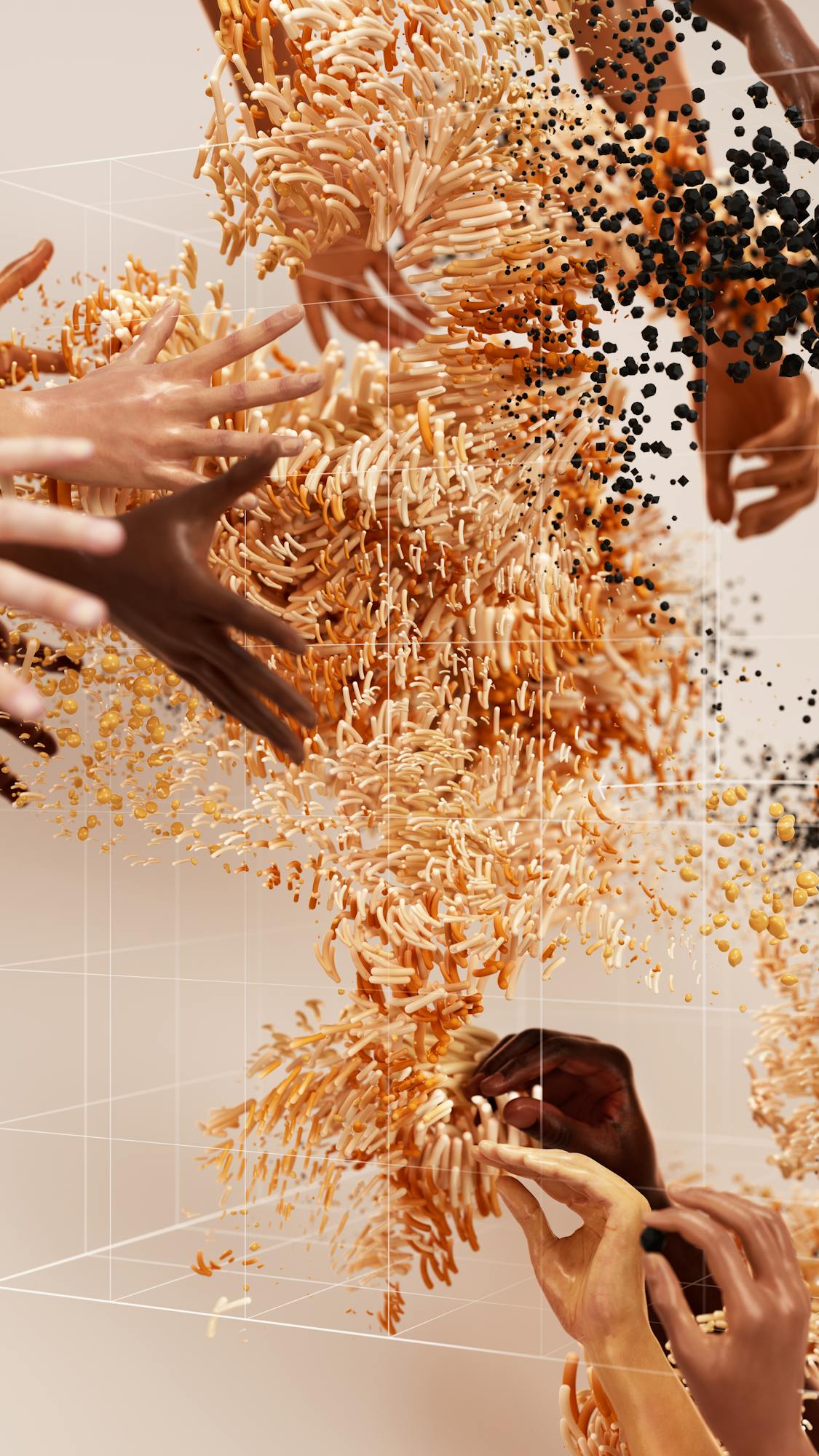 abstract depiction of human-technology interaction with diverse hands and data flow.